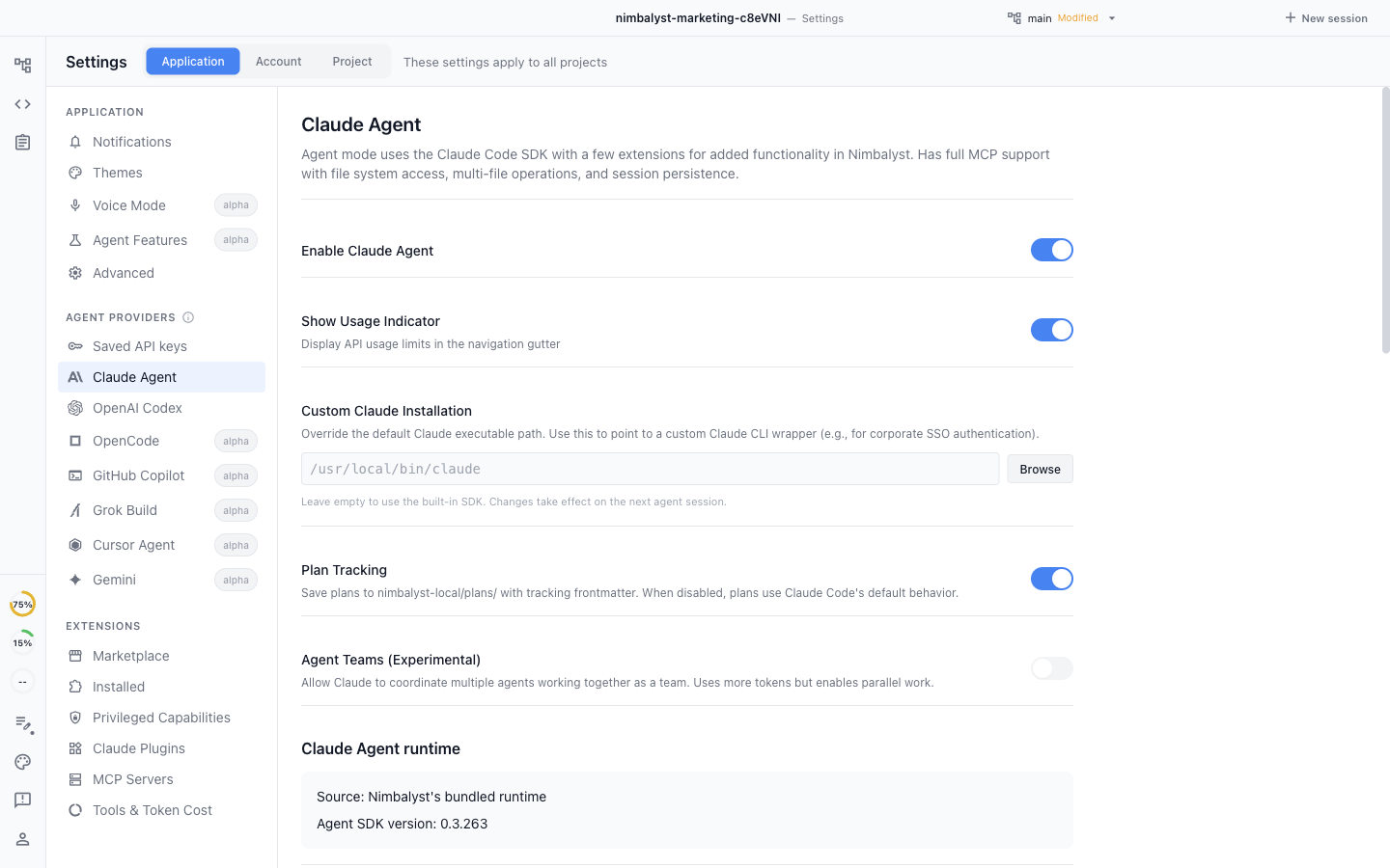 Nimbalyst Application Settings with Claude Agent selected and the list of available agent providers in the sidebar