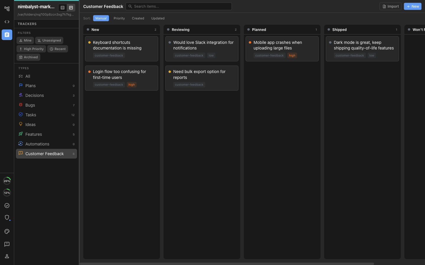 A kanban board for a custom Customer Feedback type with New, Reviewing, Planned, Shipped, and Won't Fix columns, and the type listed in the sidebar