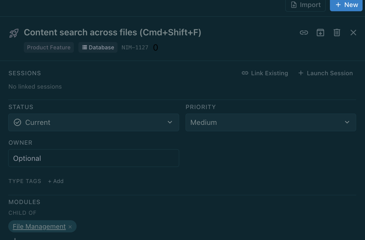 Tracker item detail with the Sessions section at the top, above Status and Priority