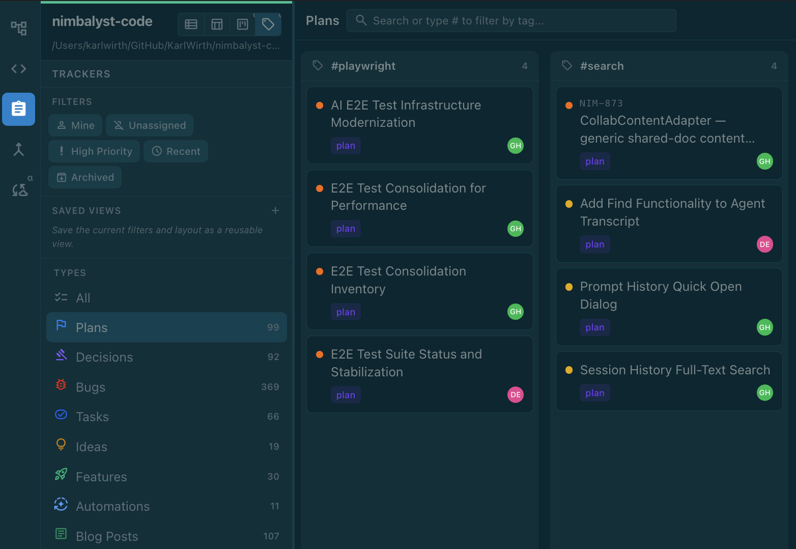 Tracker tag board showing plans grouped into #playwright and #search columns