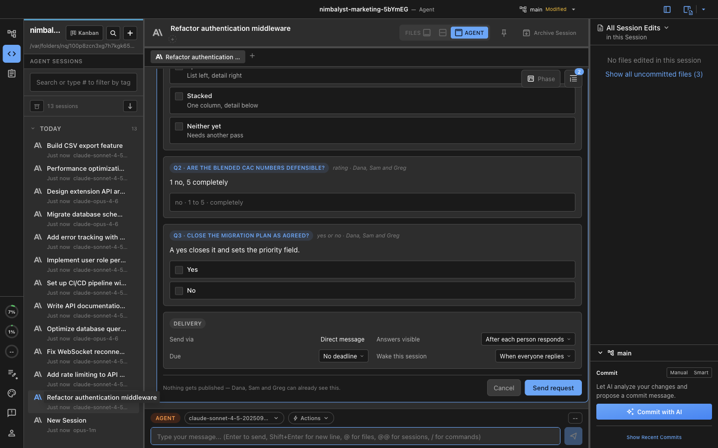 The lower half of a feedback request card showing a choose-one ask, a rating ask, a yes-or-no ask, and the delivery settings for visibility, deadline, and session wake