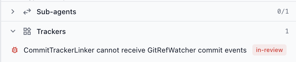 The agent sidebar's Trackers section listing one linked bug item with an in-review status badge