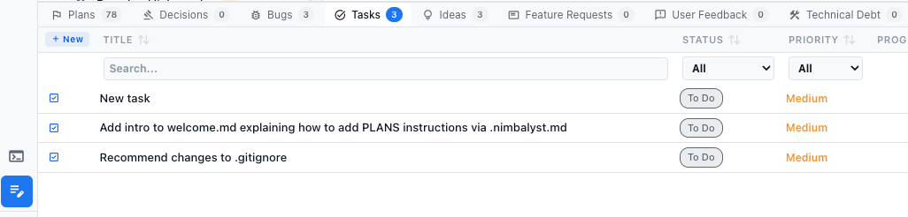 A tracker table with tabs for Plans, Decisions, Bugs, Tasks, Ideas, and more, listing task items with status and priority columns