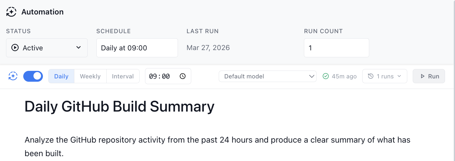An automation file open in the editor, with a header bar showing Status Active, Schedule Daily at 09:00, last run date, run count, and a Run button