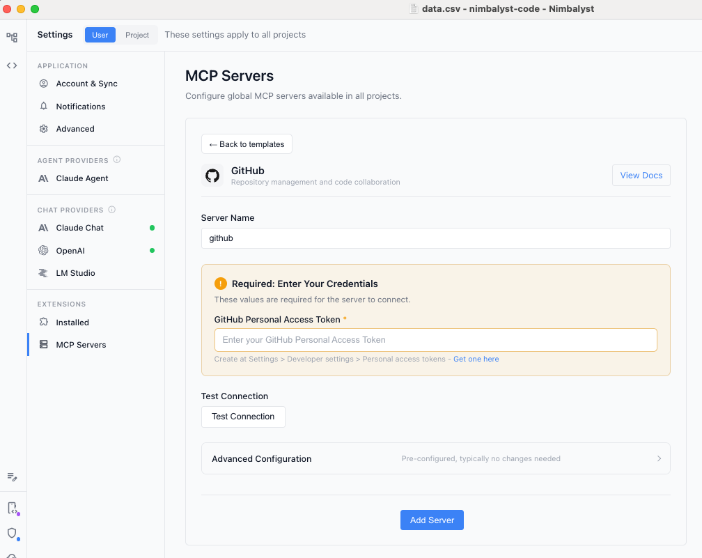 The GitHub MCP server template configuration with a personal access token field, Test Connection, and Add Server button