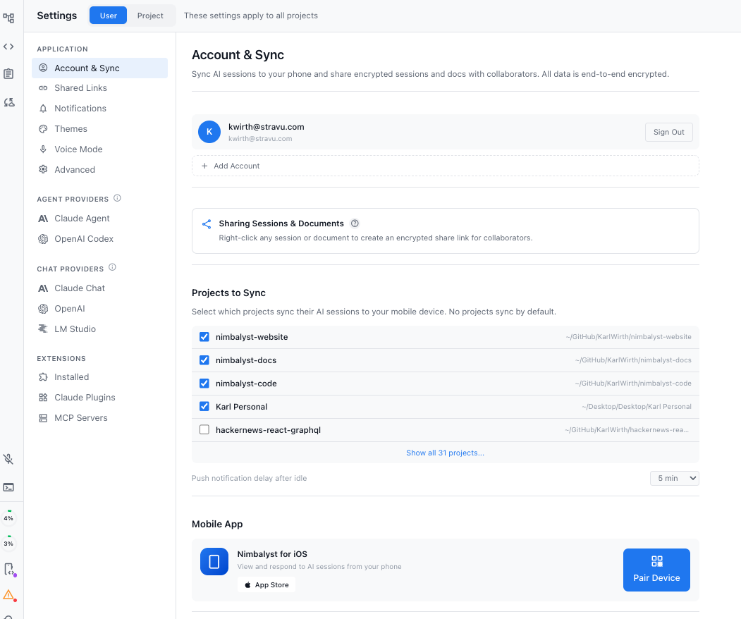 The desktop sync settings panel with the signed-in account, the Projects to Sync list, and the Pair Device button