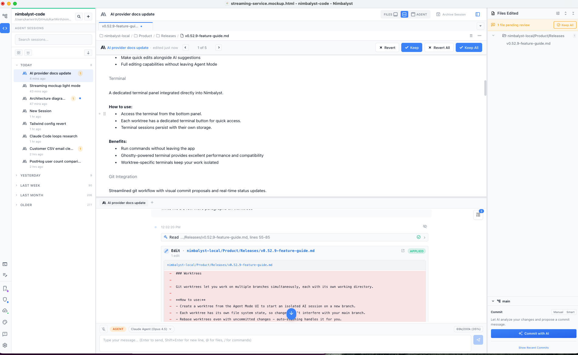 The Agent window with a session transcript in the center and the Files Edited panel on the right, showing an edited file with Keep and Revert controls