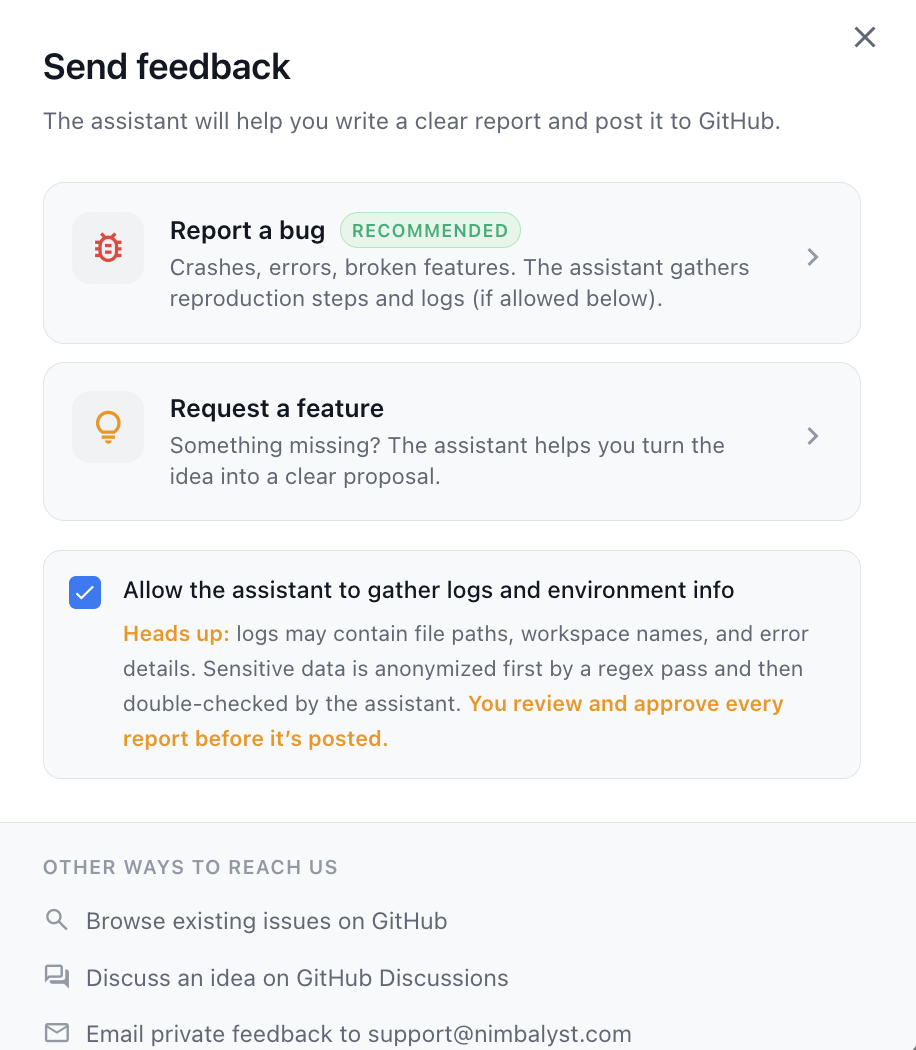The feedback dialog with Bug report and Feature request cards