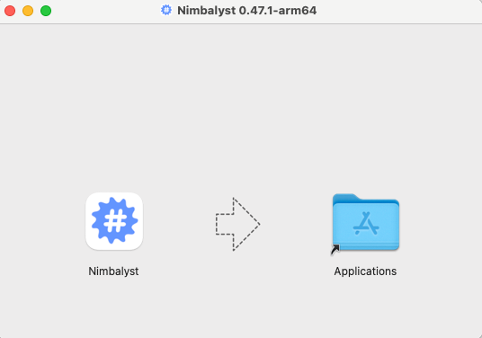 The Nimbalyst disk image with an arrow from the app to the Applications folder