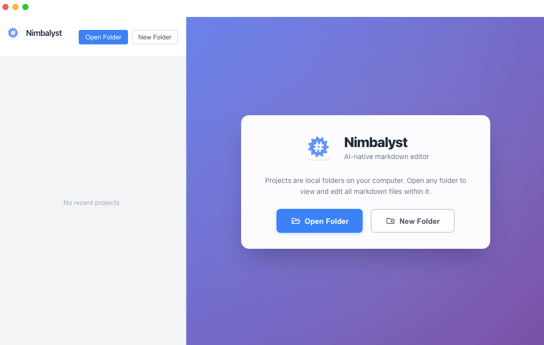 Nimbalyst Project Manager for choosing or creating a project folder