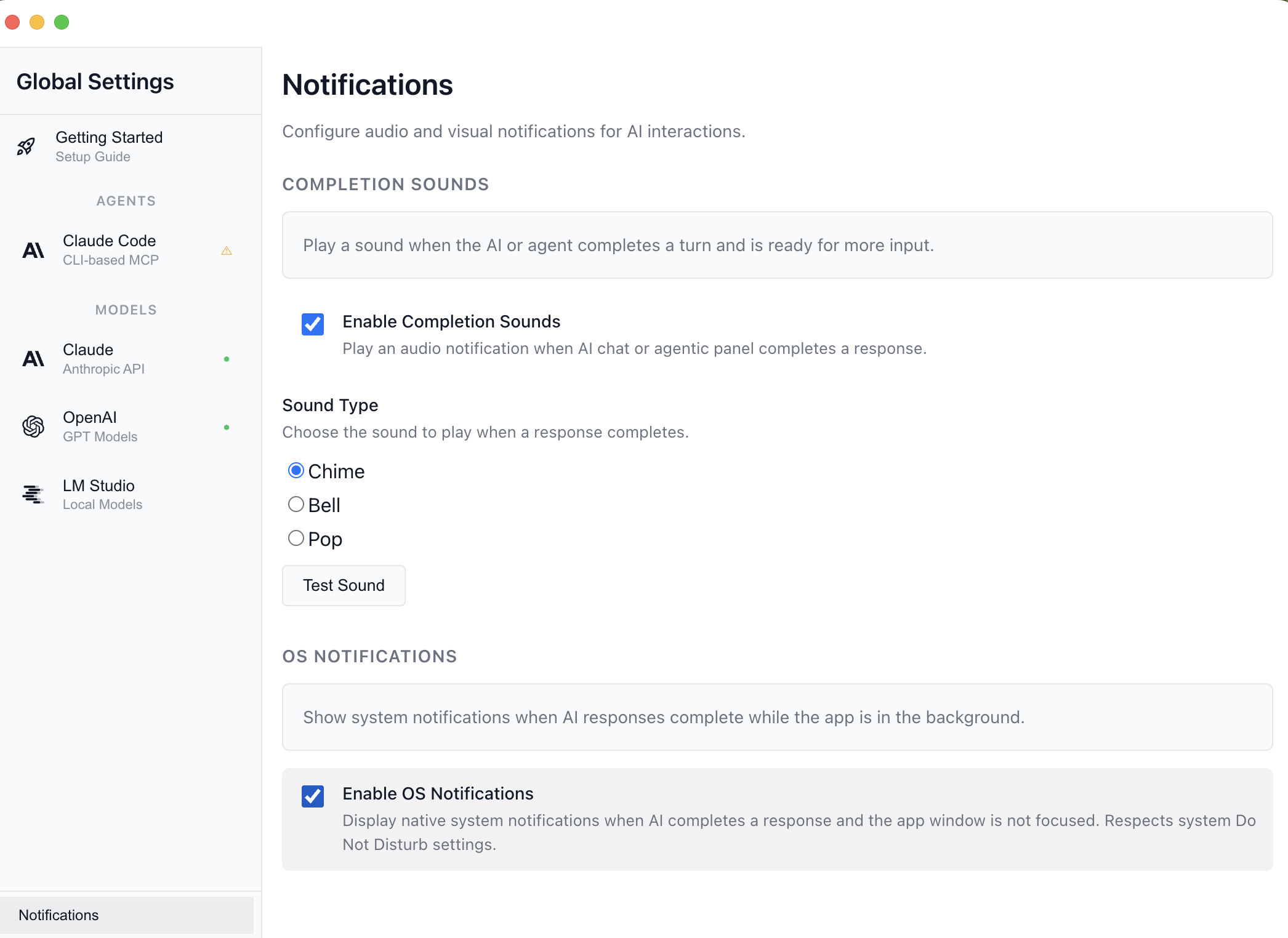 The Notifications settings panel with Completion Sounds and OS Notifications sections
