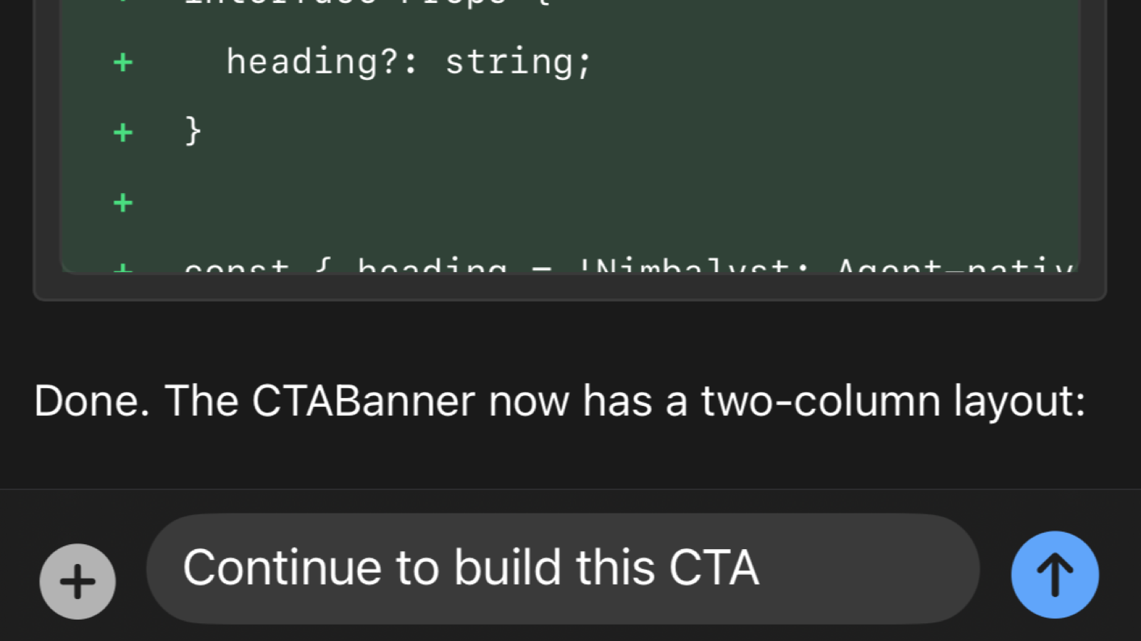 Mobile session view with the agent's result above and the composer below