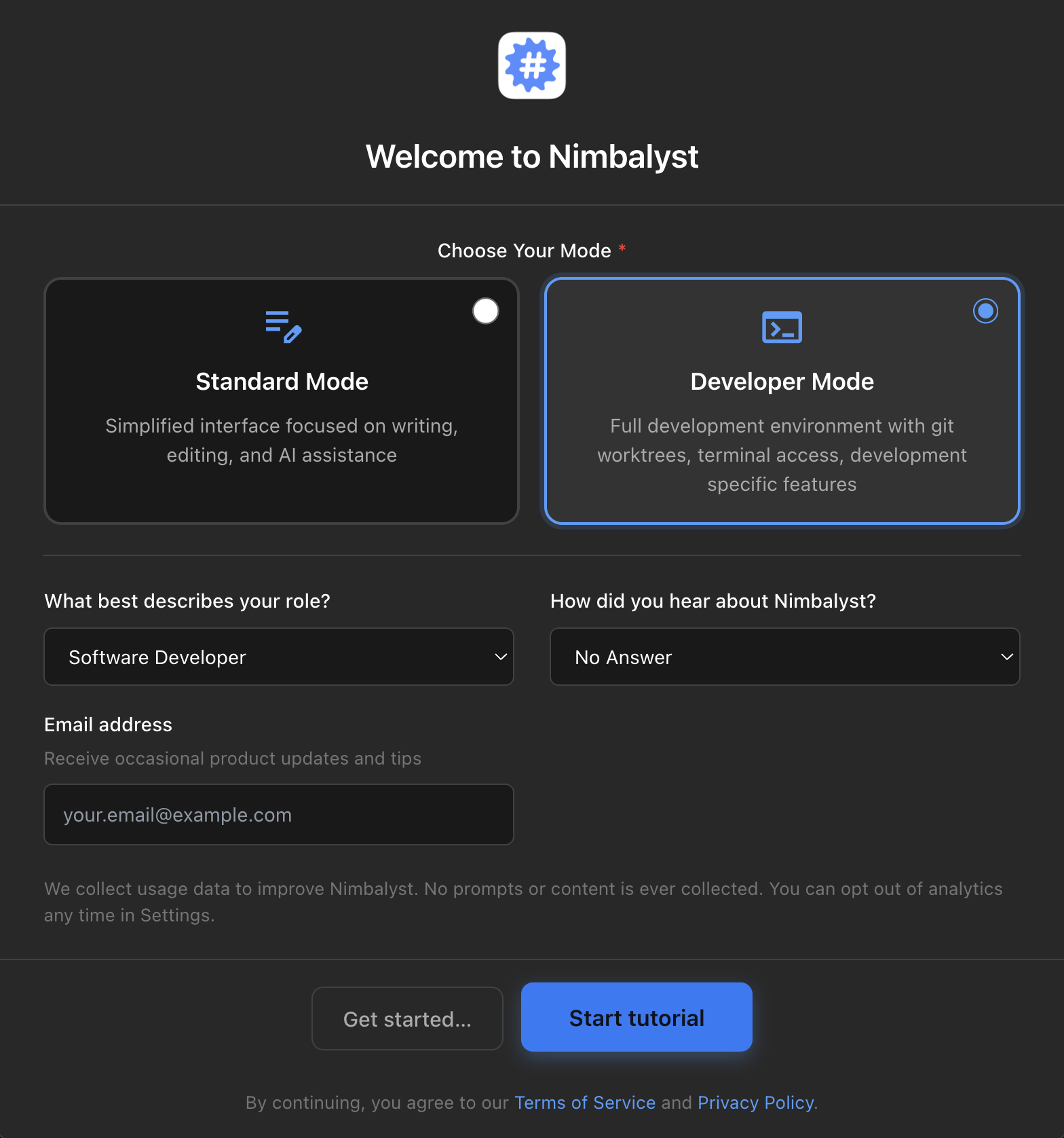 The Welcome to Nimbalyst screen with Standard Mode and Developer Mode cards, role and referral questions, an optional email field, and Get started and Start tutorial buttons