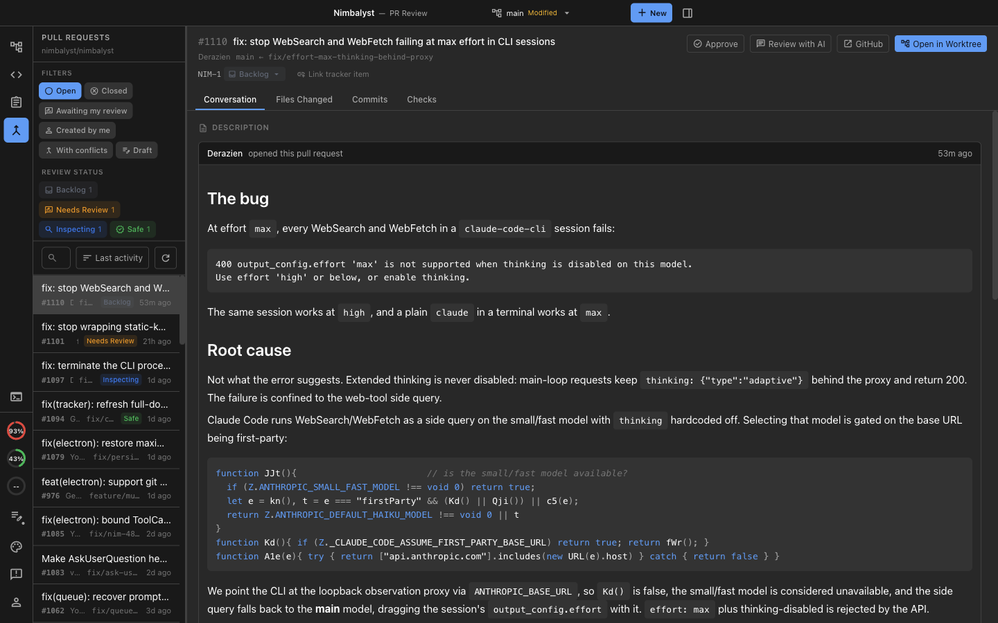 Pull Request mode with a pull request open on the Conversation tab and the Approve, Review with AI, GitHub, and Open in Worktree actions visible