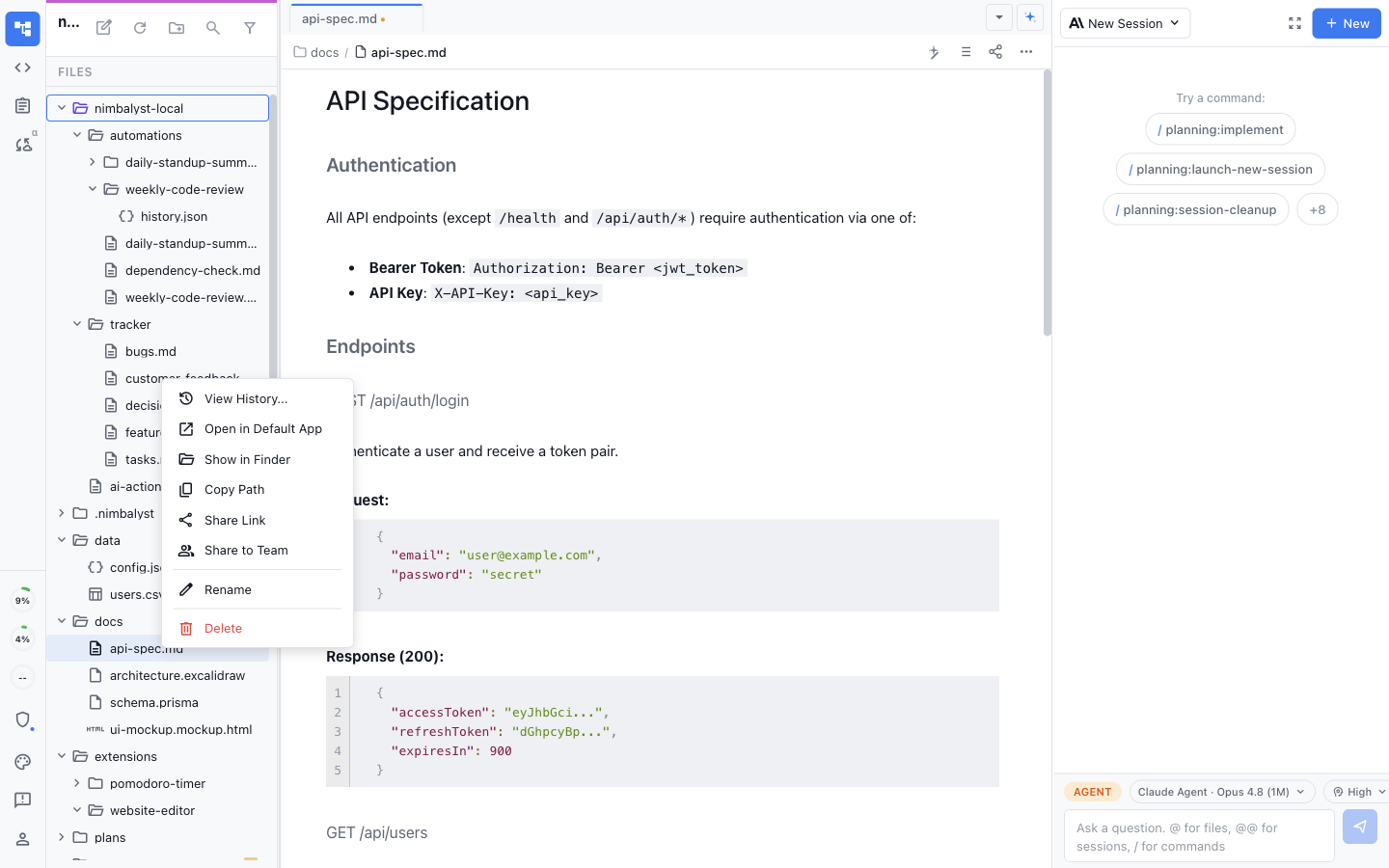The file context menu open on a document, with a Share to Team action