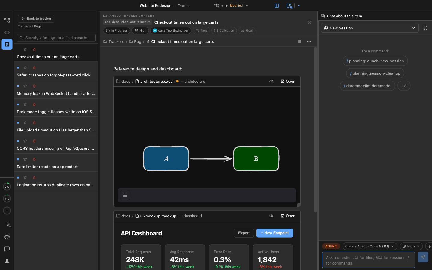 A tracker item body containing two live embeds, an Excalidraw diagram and a UI mockup, each with its path and an Open action