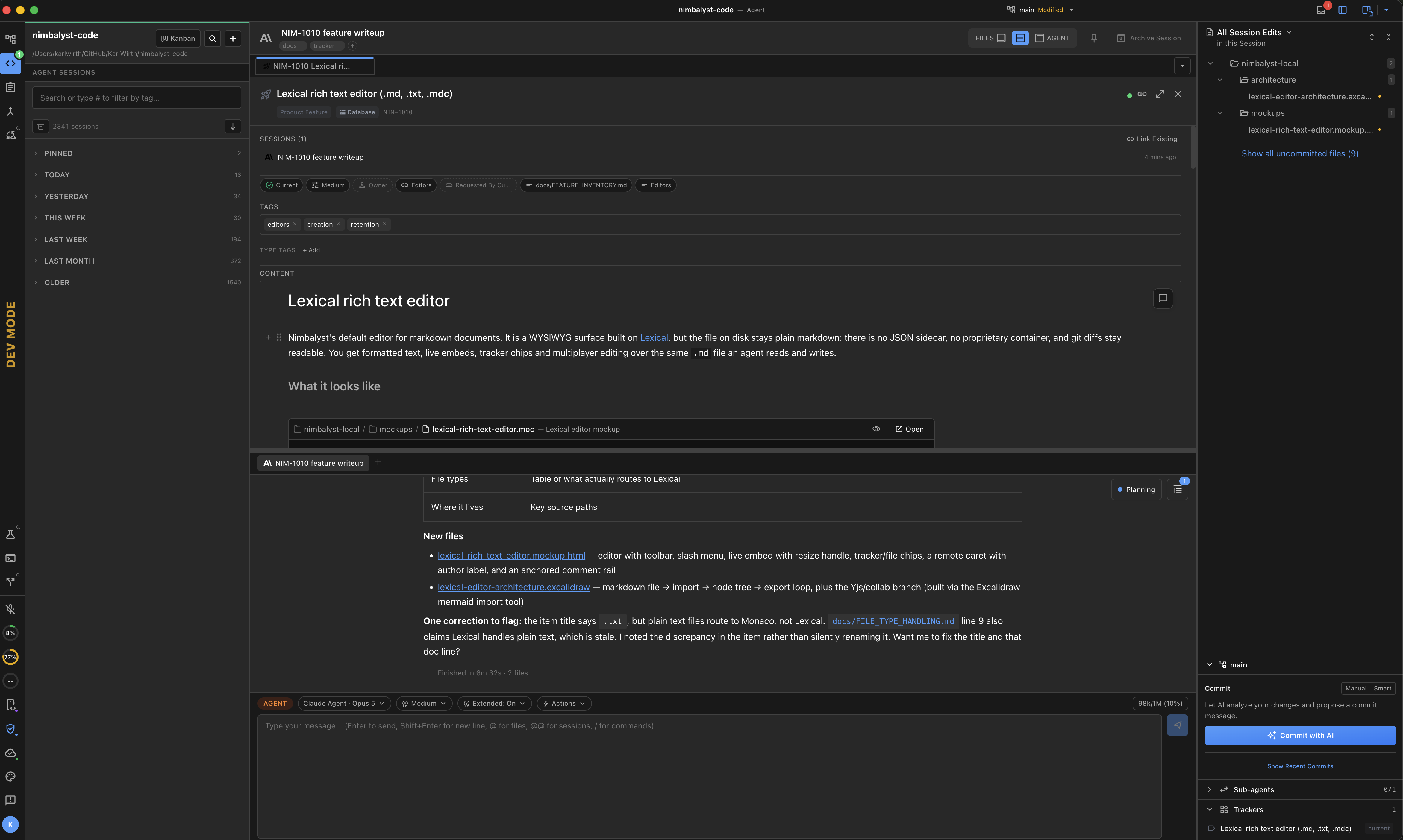 Agent mode with a tracker item open as a tab above the session, showing the item body with its fields and content on top, the agent conversation underneath, and the session edits panel on the right