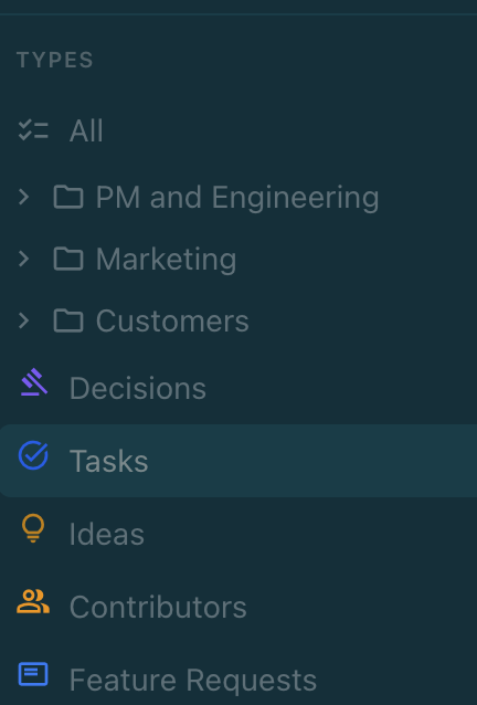 Tracker type navigation organized into PM and Engineering, Marketing, and Customers folders