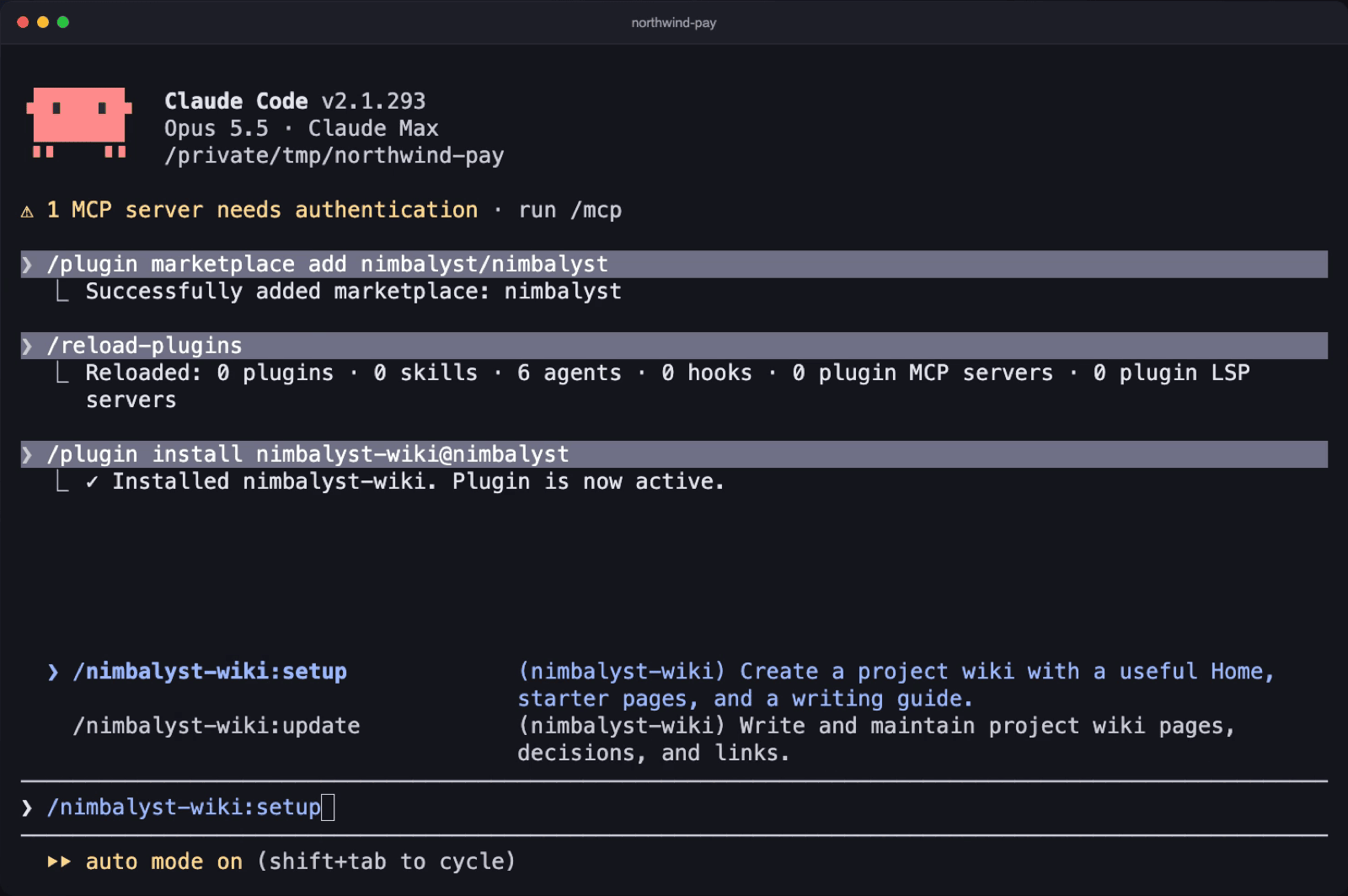 Claude Code after installing the nimbalyst-wiki plugin, with /nimbalyst-wiki:setup typed at the prompt and the setup and update commands listed
