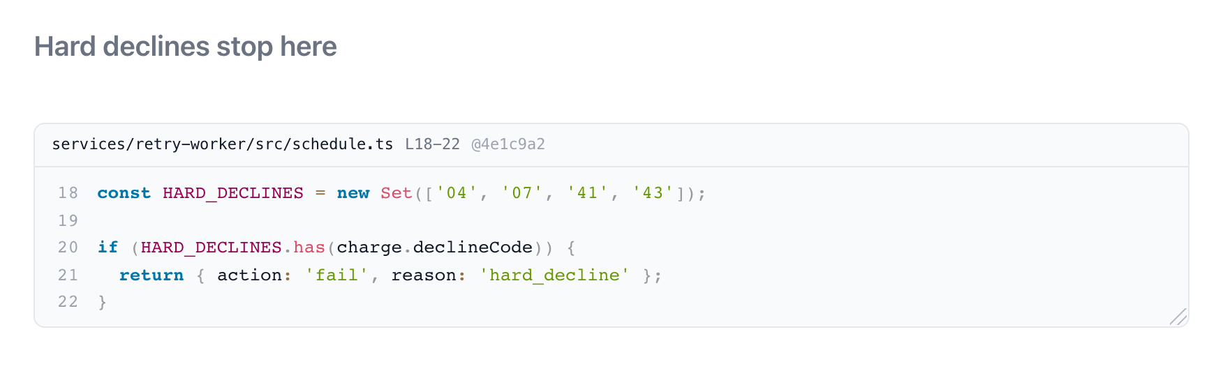 A code excerpt from services/retry-worker/src/schedule.ts, lines 18 to 22, pinned to a commit