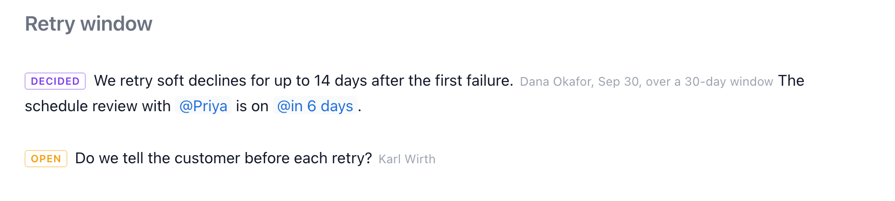 A DECIDED sentence attributed to Dana Okafor, a mention of Priya, a date chip, and an OPEN question owned by Karl Wirth