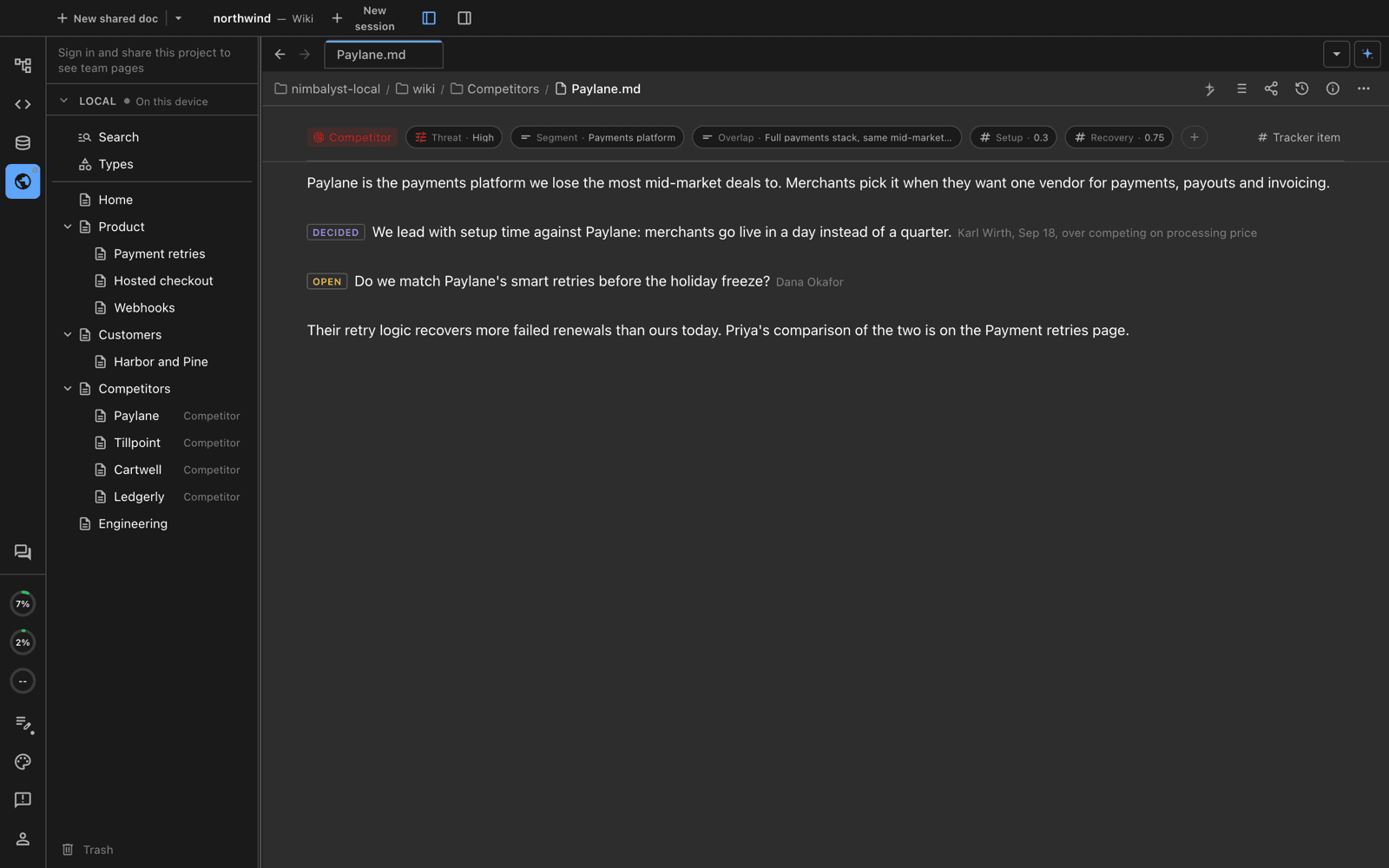 A Paylane typed page with Competitor, Threat, Segment, Overlap, Setup and Recovery field chips in the header, then a paragraph, a decided mark, an open question and more context; the tree shows four pages labeled Competitor under Competitors