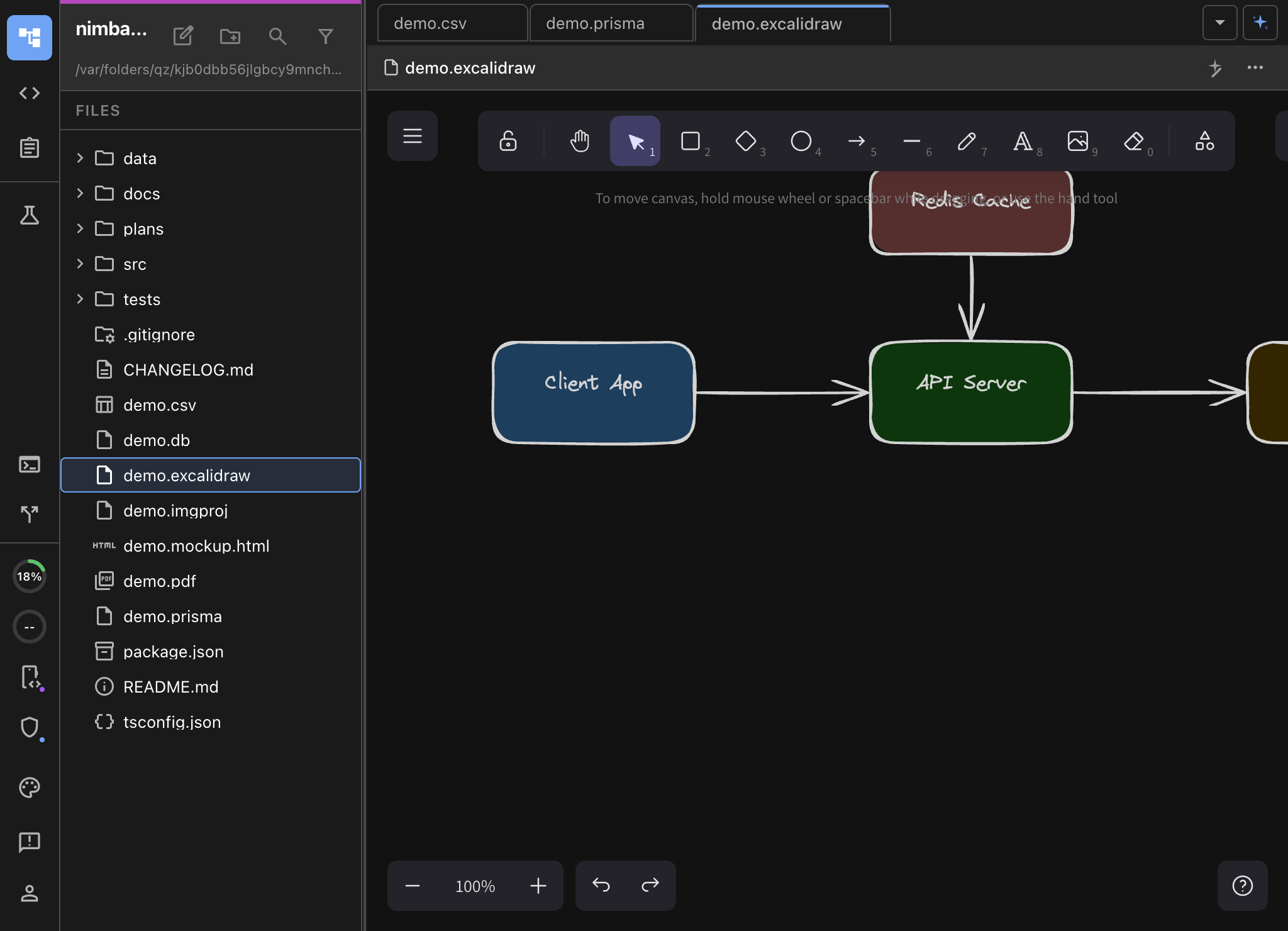 Architecture diagram in Excalidraw with client, API server, cache, and database components