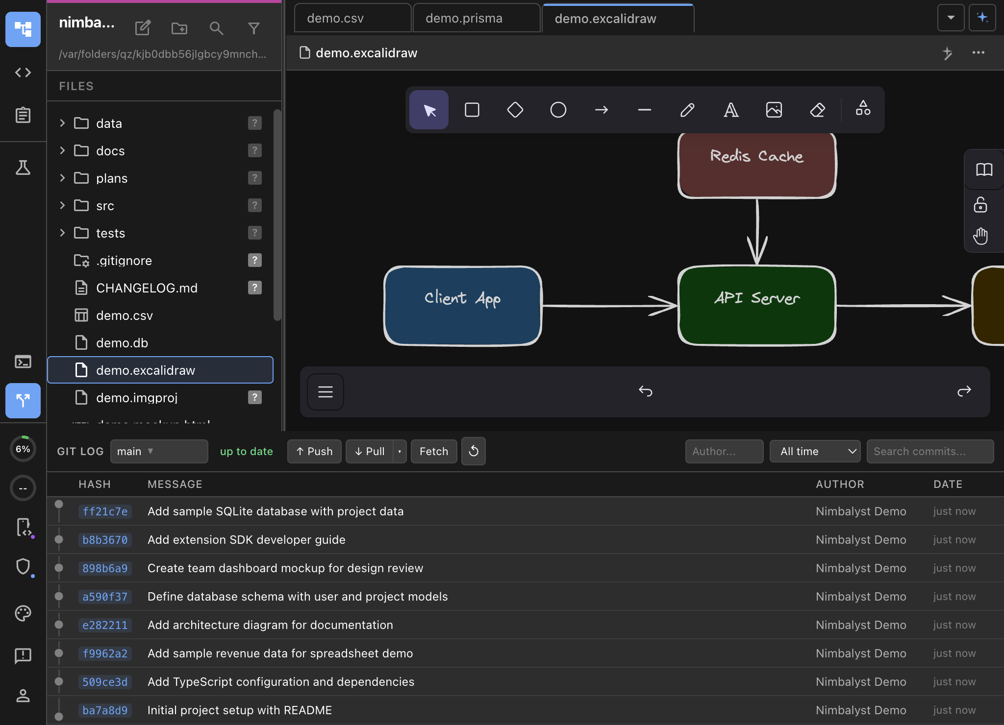 Git log panel showing commit history with diffs and branch management