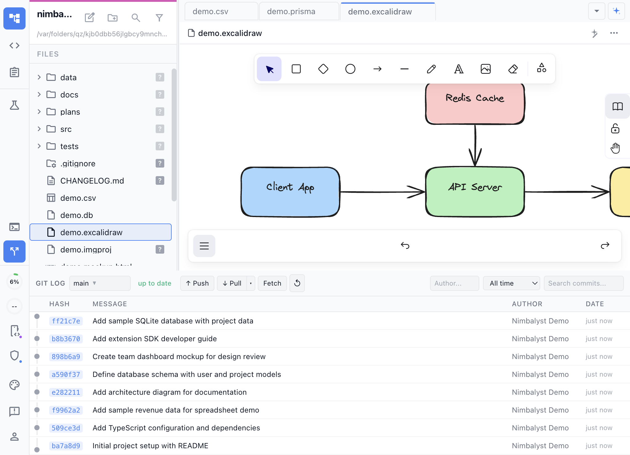 Git log panel showing commit history with diffs and branch management