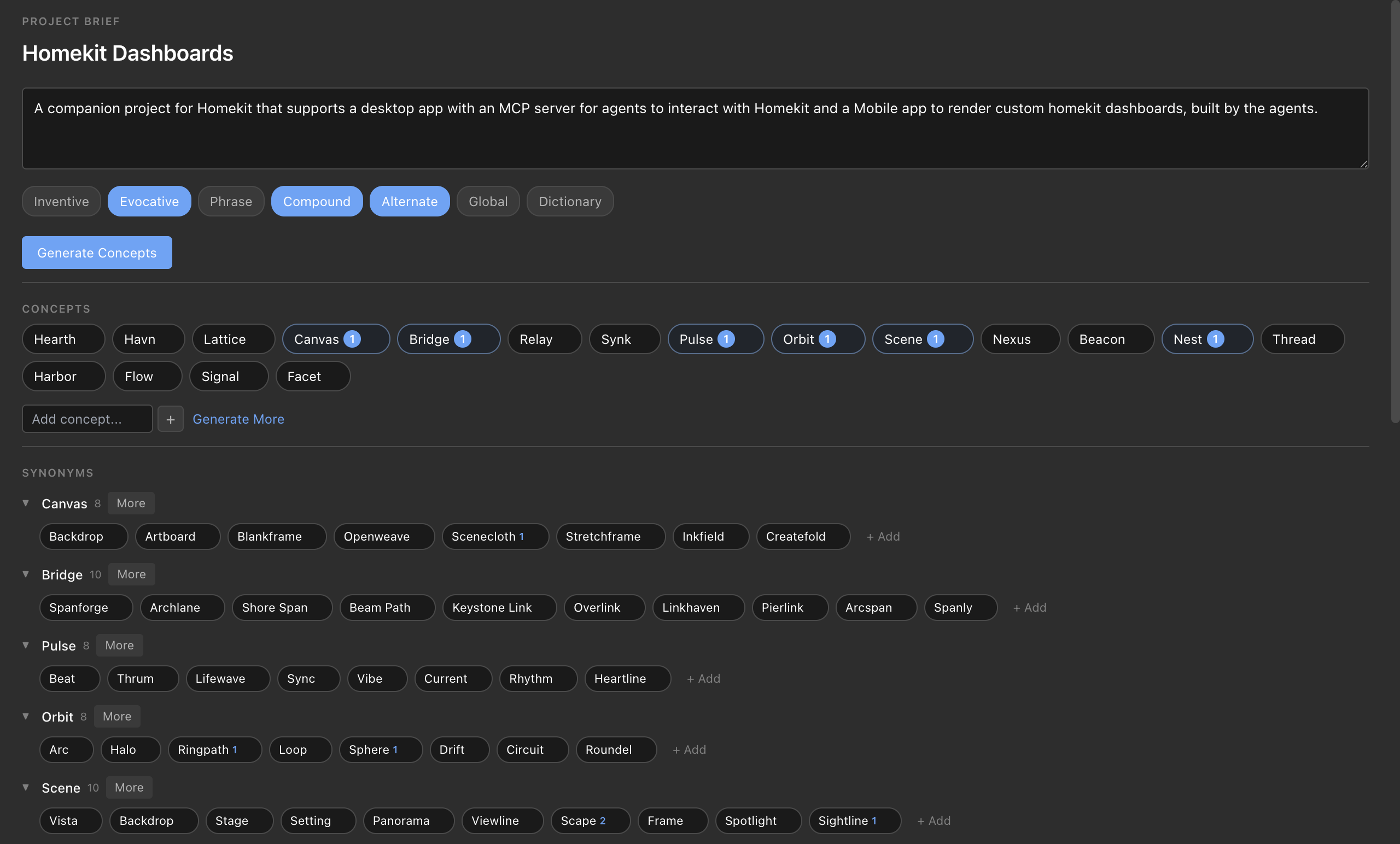 Namenym editor showing brand name concepts, synonyms, and mashups for a project