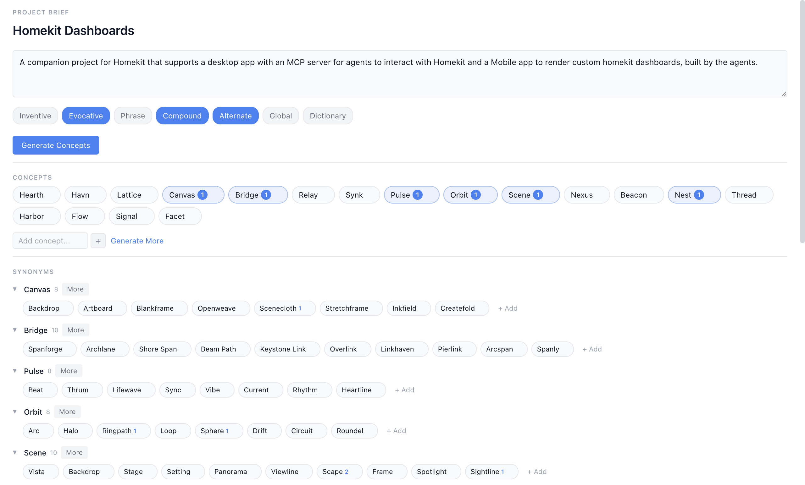 Namenym editor showing brand name concepts, synonyms, and mashups for a project