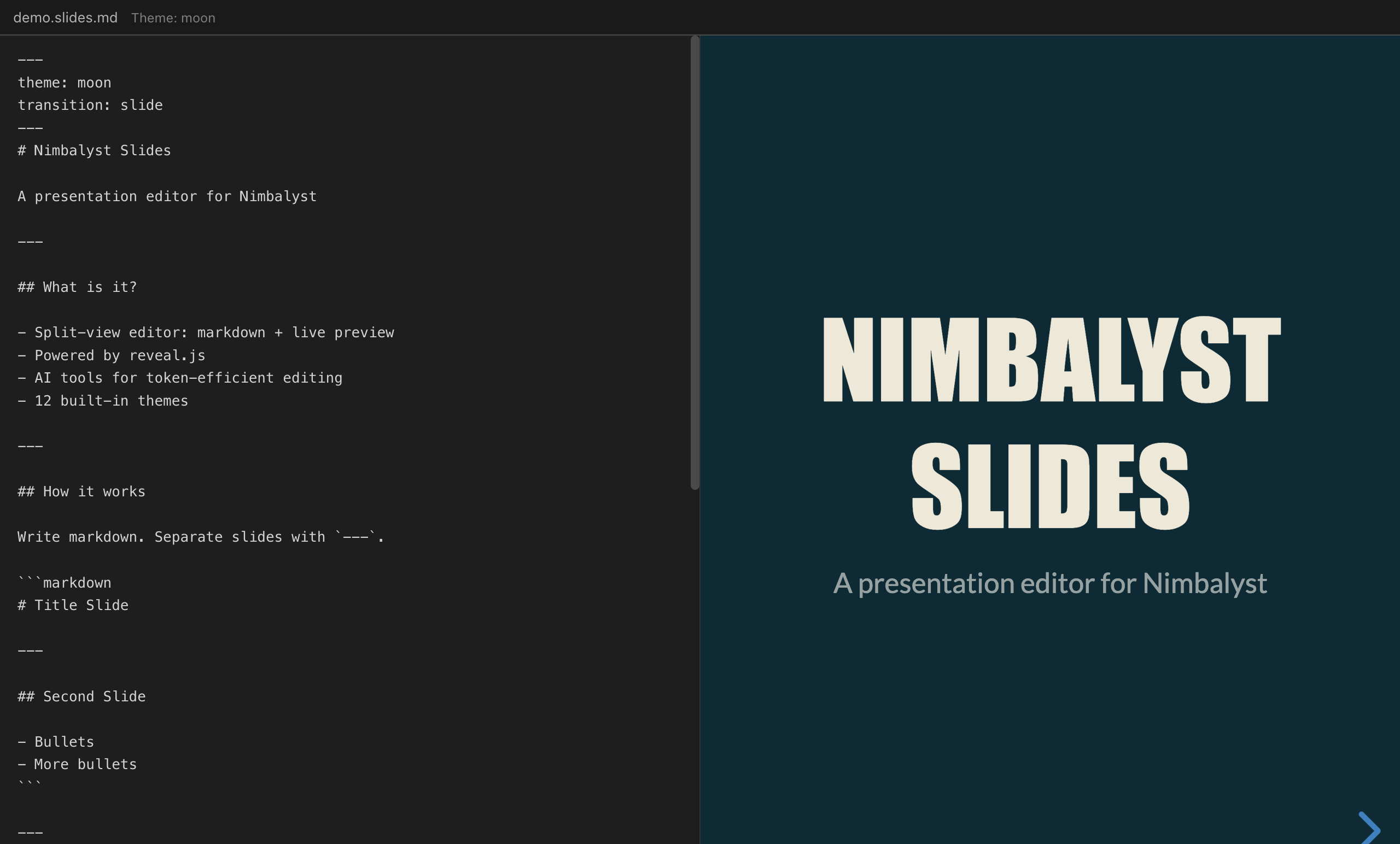 Split-view presentation editor with markdown source and live reveal.js preview