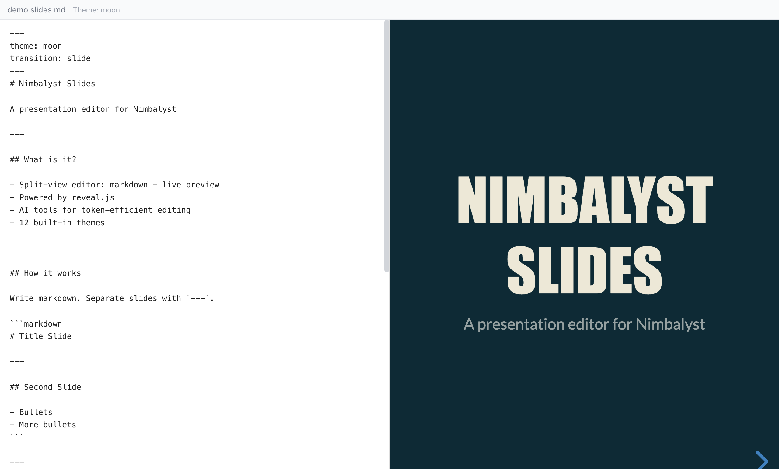Split-view presentation editor with markdown source and live reveal.js preview