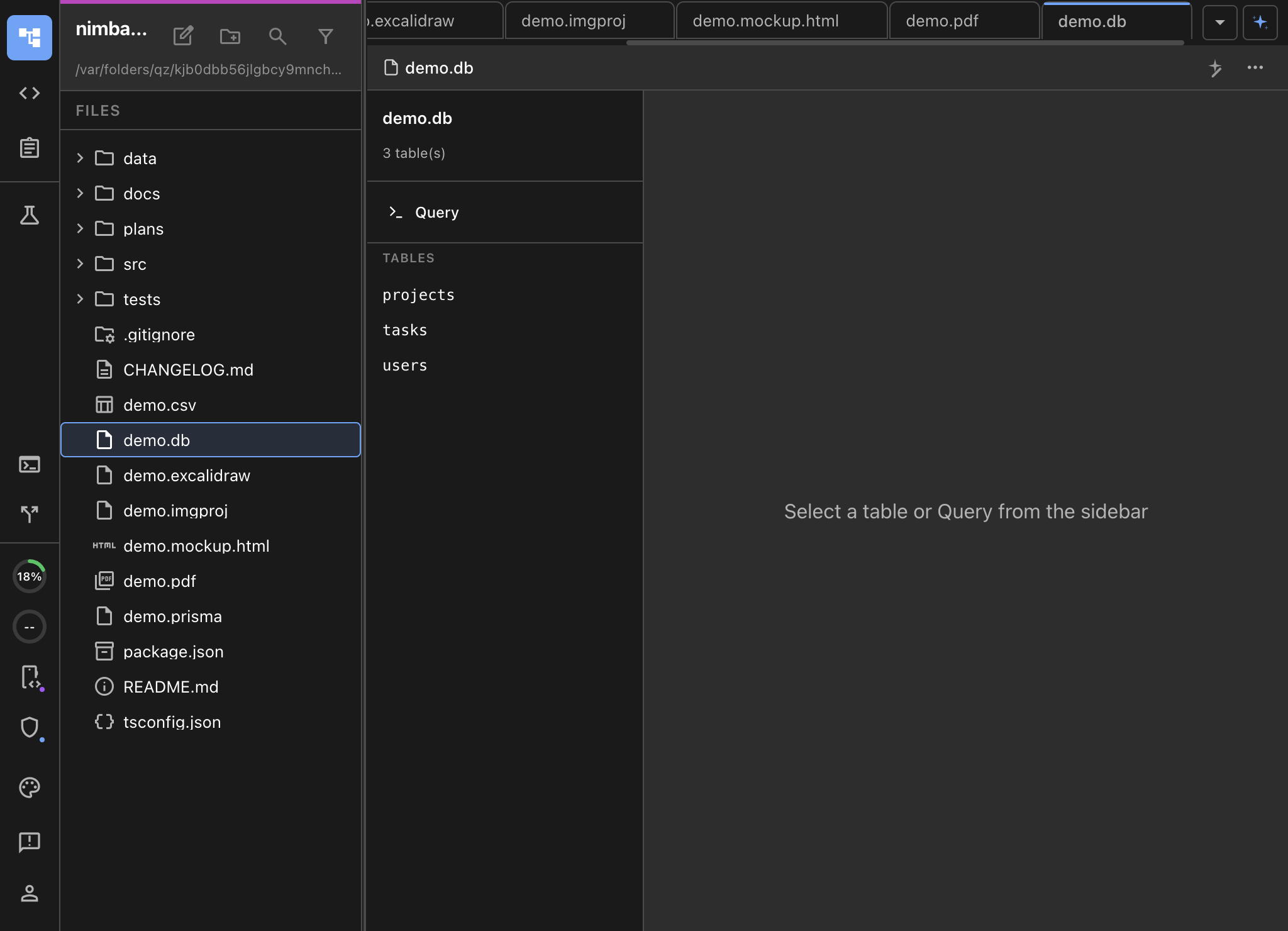 SQLite database browser showing tables, schema, and query results