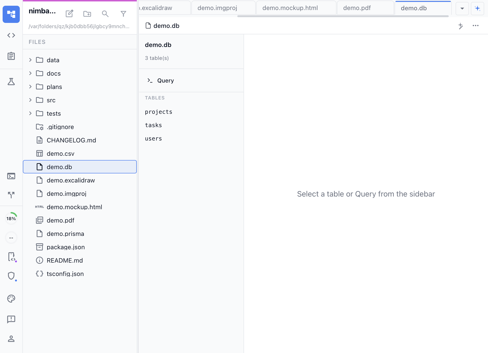 SQLite database browser showing tables, schema, and query results