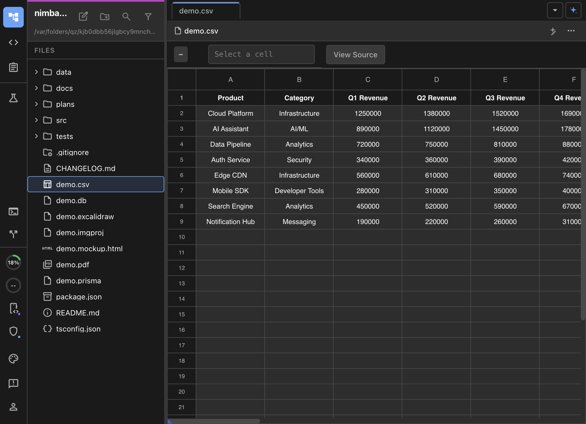 CSV spreadsheet editor showing revenue data with sortable columns and formula support