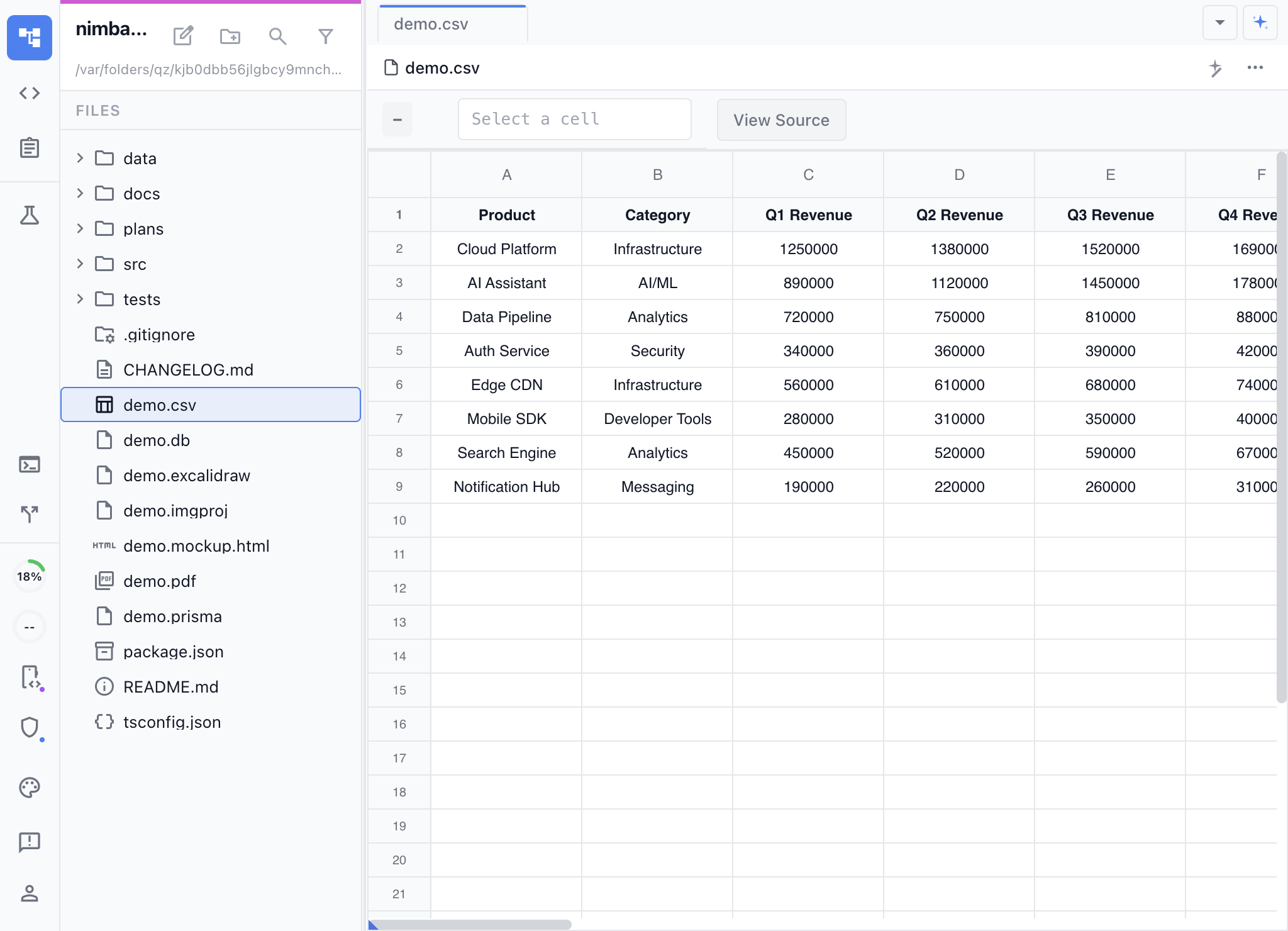 CSV spreadsheet editor showing revenue data with sortable columns and formula support