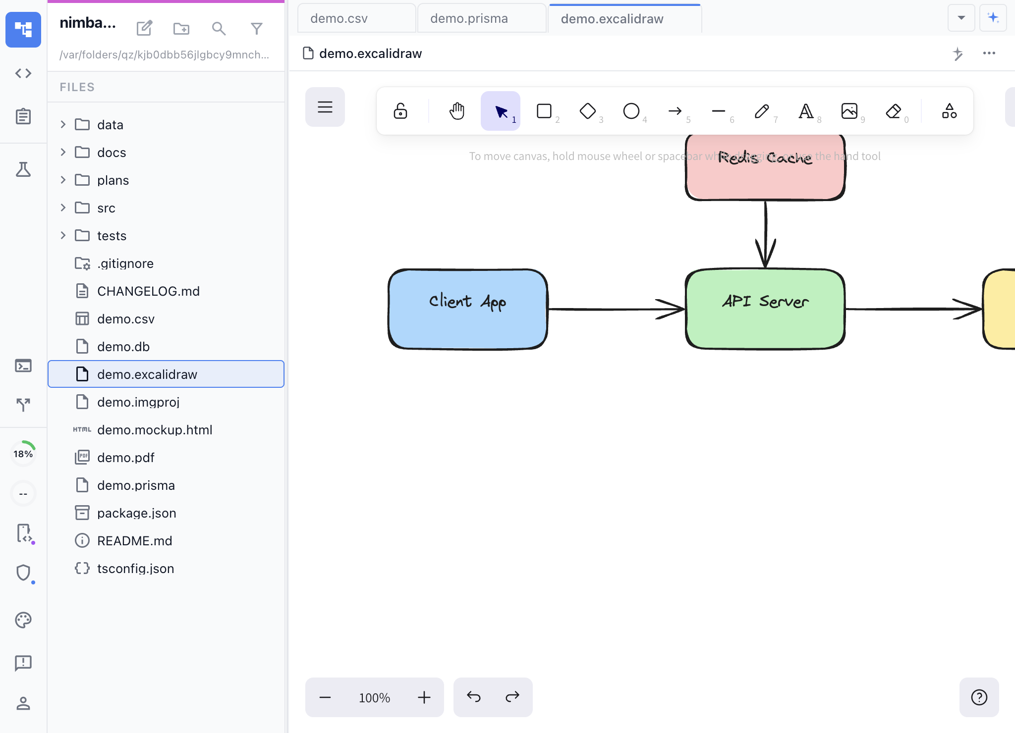 Architecture diagram in Excalidraw with client, API server, cache, and database components