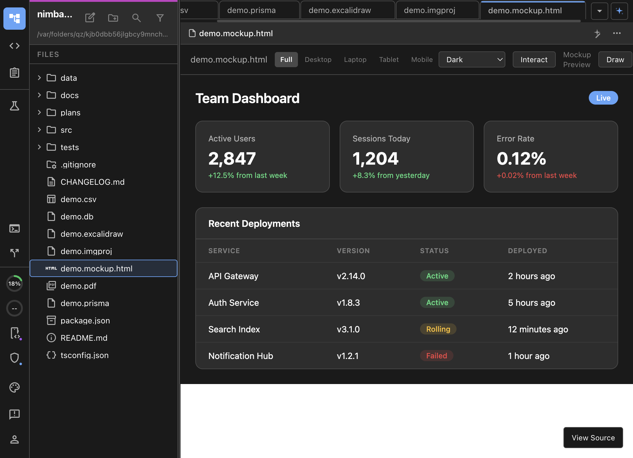 Team dashboard mockup with stats cards and deployment table rendered as live HTML