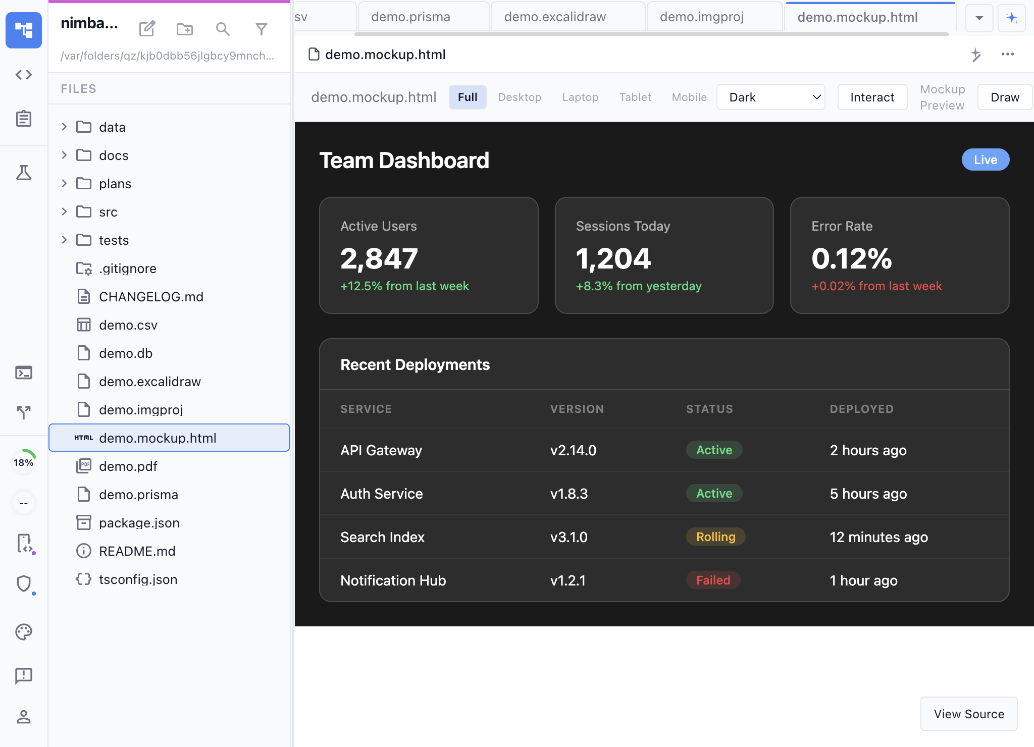 Team dashboard mockup with stats cards and deployment table rendered as live HTML